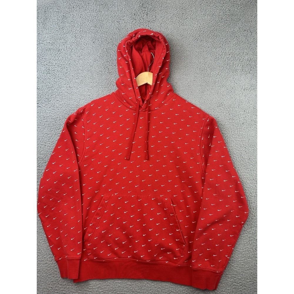 Nike Sportswear Hoodie Mens Medium Red All Over Print Swoosh Pullover CJ5403-65